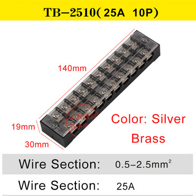TB-2510 divu rindu barjeras skrūvju spaiļu bloks fiksēts vadu savienotājs 600V 25A 10 pozīciju elektriskais misiņš