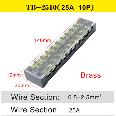 TB-2510 divu rindu barjeras skrūvju spaiļu bloks fiksēts vadu savienotājs 600V 25A 10 pozīciju elektriskais misiņš