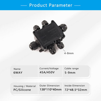 IP68 veekindel toitejuhtimise ühenduskarp must 2/3/4/4+/5/6-suunaline korpuse ploki kaabel ühendusjuhtme kaitse juhtmestiku juurdepääs