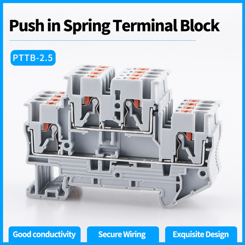 10 gab Din sliedes spaiļu bloks PTTB-2.5 4 krāsas elektriskais savienotājs Divslāņu atsperu vadu savienojuma vads