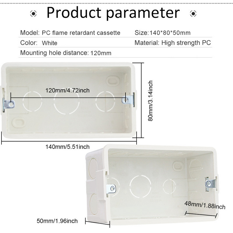 Sienas montāžas slēdžu kārba PVC materiāls Iekšējā kasete balta aizmugurējā kaste 140 * 80 * 50 mm 140 mm * 80 mm standarta slēdzim un kontaktligzdas kārbai