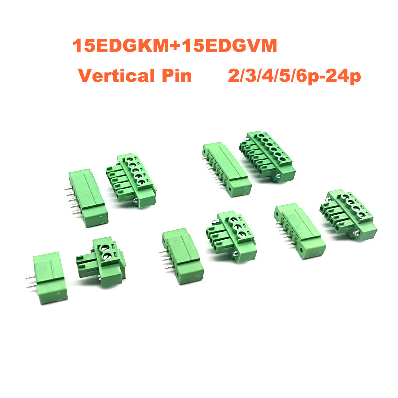 50 gab. Pieslēdzams PCB skrūvju spaiļu bloka solis, 3,81 mm savienotājs, vīrišķais/sieviete 2/3/4/5/6/7 kontaktu Morsettiera 15EDGKM+VM/RM Bornier