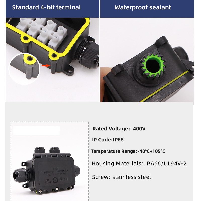 Ūdensnecaurlaidīga sadales kārba IP68.2/3/4/5/6 vias Āra lietus izturīgs, var iesūkties ūdenī Sadalu kārbaElektriskās aizsardzības kaste Liesmas slāpētājs