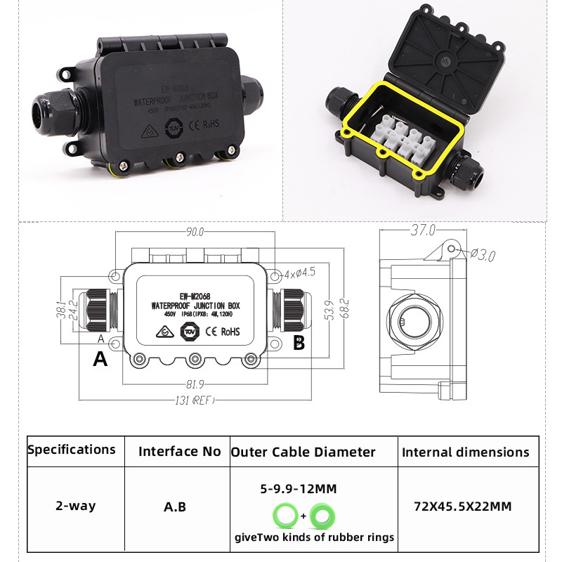 Ūdensnecaurlaidīga sadales kārba IP68.2/3/4/5/6 vias Āra lietus izturīgs, var iesūkties ūdenī Sadalu kārbaElektriskās aizsardzības kaste Liesmas slāpētājs