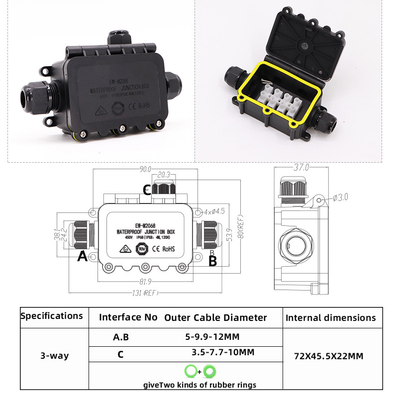 Ūdensnecaurlaidīga sadales kārba IP68.2/3/4/5/6 vias Āra lietus izturīgs, var iesūkties ūdenī Sadalu kārbaElektriskās aizsardzības kaste Liesmas slāpētājs