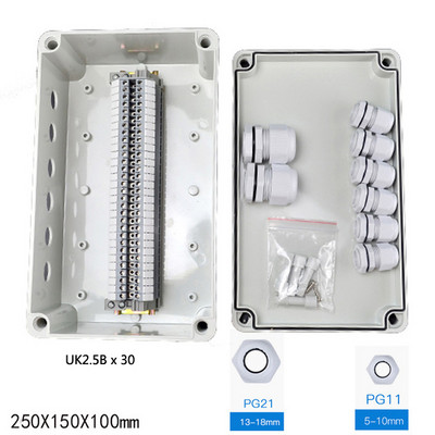 IP65 Vodootporna kabelska razvodna kutija 250*150*100 mm s UK2.5B DIN šinskim terminalnim blokovima u kompletu od 12 načina
