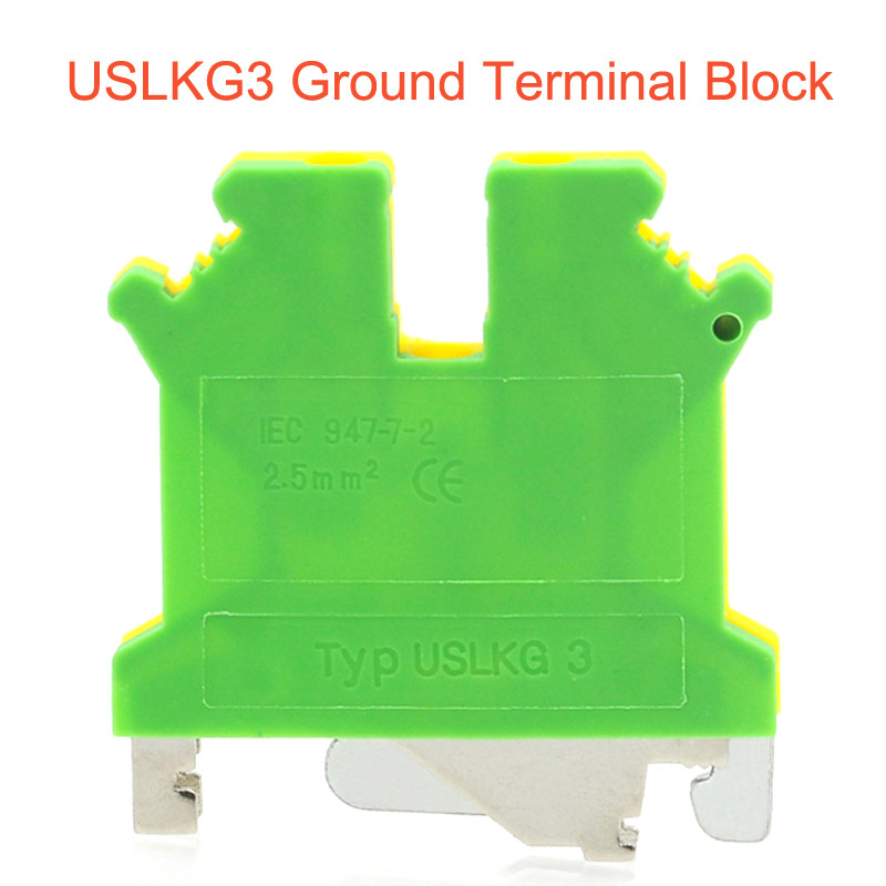 2Pcs USLKG3 blokovi terminala za uzemljenje Vijak za DIN letvicu Morsettiera UK-3N žuto-zeleni konektor za uzemljenje 14AWG 2,5 mm²