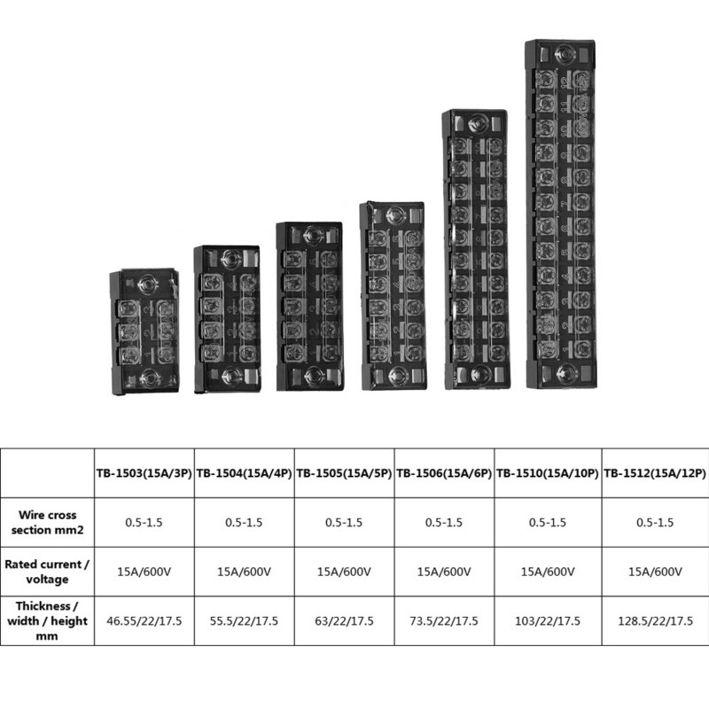 TB-1503/1504/1506/1508/1510/1512 kaherealine kruviklemmiplokk 15A 600 V fikseeritud juhtmestiku plaadi juhtmeühendus