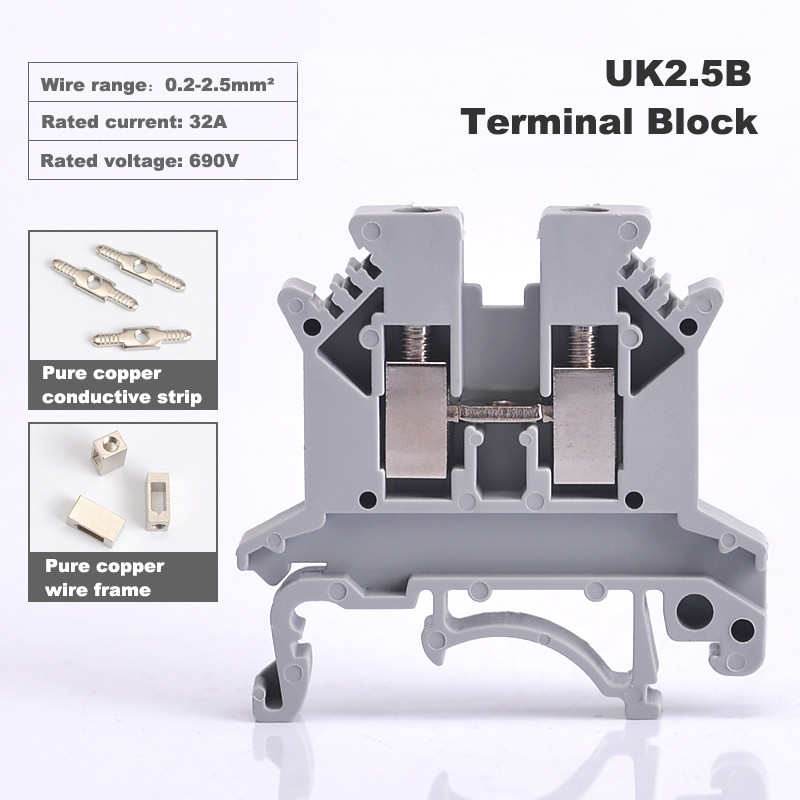 25Pcs Terminal Block UK2.5B Din Rail Tip vijka Bornier Električna žica Kabelski konektor Čisti bakar Morsettiera 32A 2.5mm2 14AWG