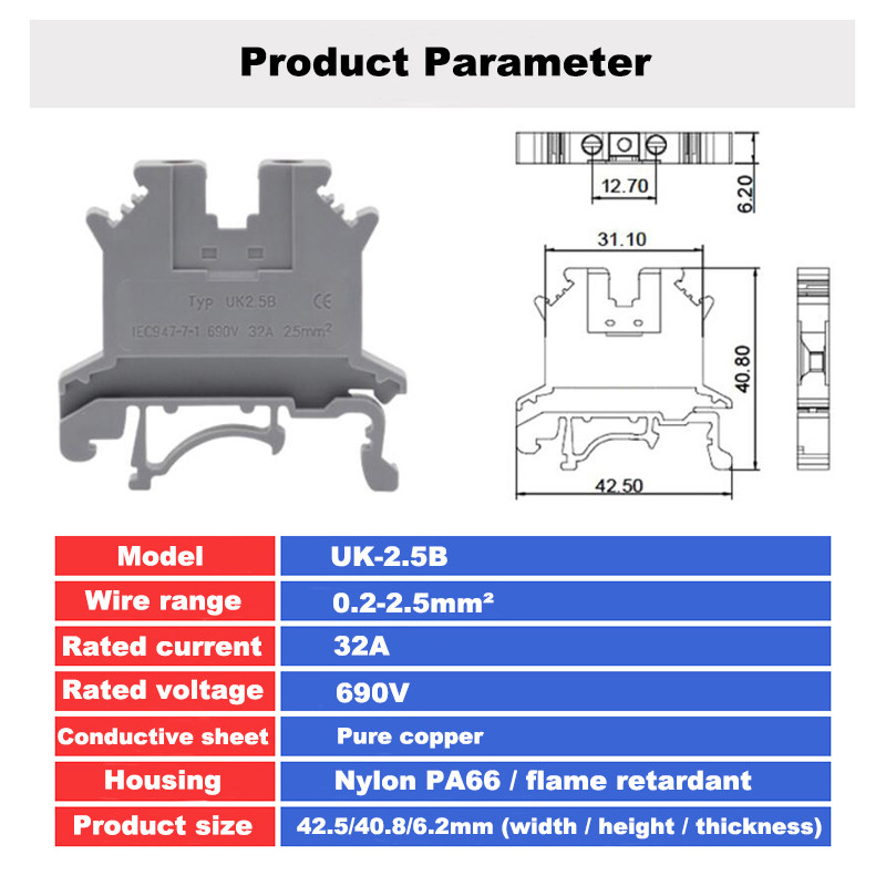 25Pcs Terminal Block UK2.5B Din Rail Tip vijka Bornier Električna žica Kabelski konektor Čisti bakar Morsettiera 32A 2.5mm2 14AWG