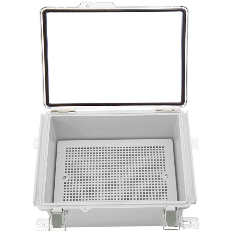 Bezmaksas piegāde Ūdensizturīgs IP67 elektriskā sadales kārba ar virām caurspīdīgu vāku nerūsējošā tērauda aizbīdņa korpusa apakšējās plāksnes kronšteins 220