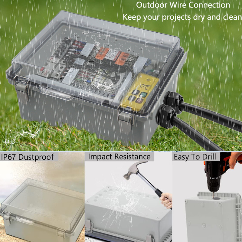 Bezmaksas piegāde Ūdensizturīgs IP67 elektriskā sadales kārba ar virām caurspīdīgu vāku nerūsējošā tērauda aizbīdņa korpusa apakšējās plāksnes kronšteins 220