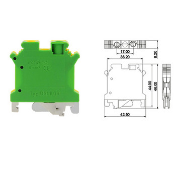 2Pcs USLKG6 Заземяващи клемни блокове Винт за DIN шина Morsettiera UK-6N Жълто-зелен заземяващ Bornier конектор 10AWG 6 mm²