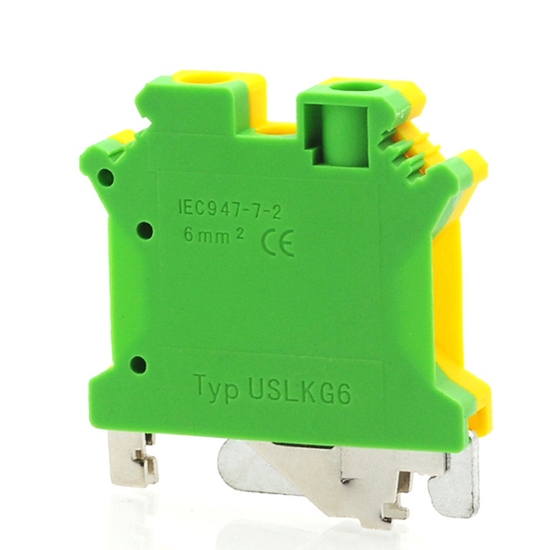 2Pcs USLKG6 blokovi terminala za uzemljenje Vijak za DIN letvicu Morsettiera UK-6N Žuto-zeleni konektor za uzemljenje 10AWG 6 mm²