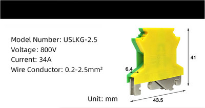 USLKG sērijas Apvienotās Karalistes dzeltenzaļš zemējuma spaiļu bloks DIN sliedes montāžas universālais vadu savienojums Misiņš