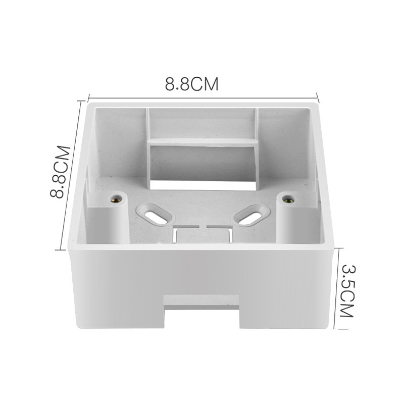 Ārējā montāžas kārba 86 mm * 86 mm * 33 mm 86 mm * 86 mm standarta slēdžiem un kontaktligzdām ir piemērota jebkurai sienas virsmas pozīcijai