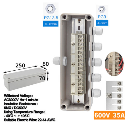 IP65 Vodootporna razvodna kutija za kabele 80*250*70 mm dva u šest izlaza s UK2.5B stezaljkama na din šinu