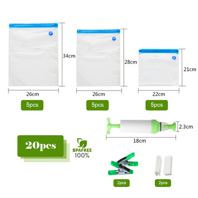 17/20 gab. Vakuuma pārtikas uzglabāšanas maisiņš bez rokas sūkņa Atkārtoti lietojams iepakojums Saldētavas maisiņi Zero Waste Seal Hermētisks virtuves organizators