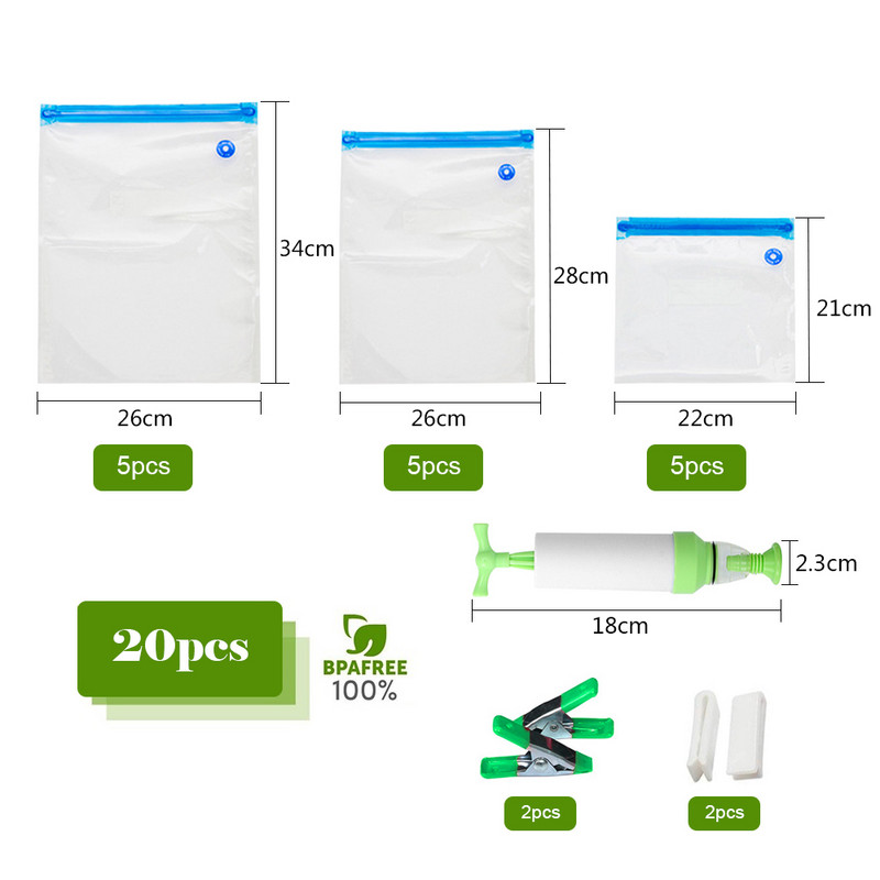 17/20 gab. Vakuuma pārtikas uzglabāšanas maisiņš bez rokas sūkņa Atkārtoti lietojams iepakojums Saldētavas maisiņi Zero Waste Seal Hermētisks virtuves organizators