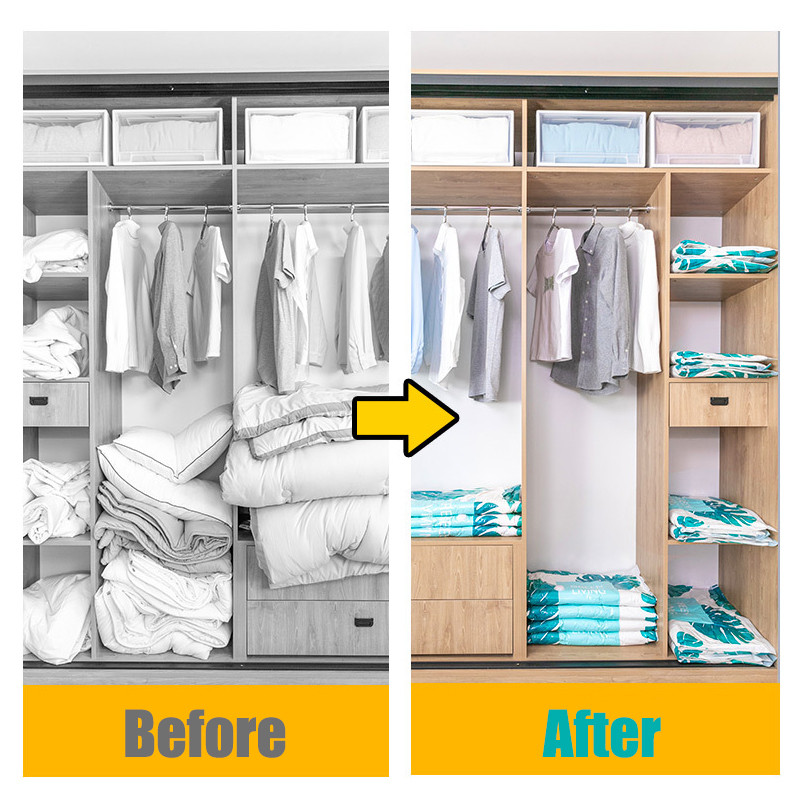 Lielas ietilpības vakuuma kompresijas maisiņš Liels izplūdes gāzu šķirošanas maiss Guļamistabas skapis Apšuvuma glabāšana Aizzīmogots maisiņš Taupojoša vieta Zils