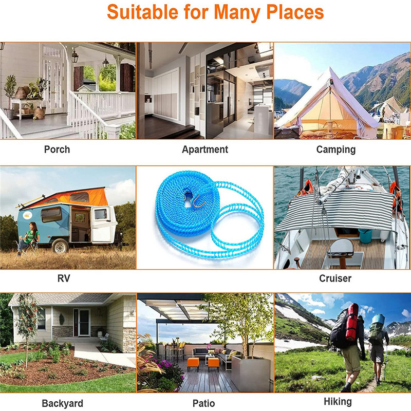 Uže za pranje rublja 3M 5M 8M Vjetrootporno uže za sušenje odjeće Neklizajuće uže Podesivo prijenosno uže za odjeću za kampiranje