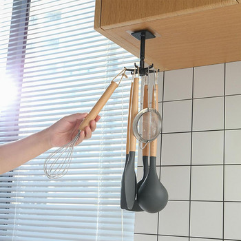 Кухненска кука с 6 нокти, без пробиване, монтирана на стена, въртяща се на 360 градуса рафта с куки за кухненски прибори