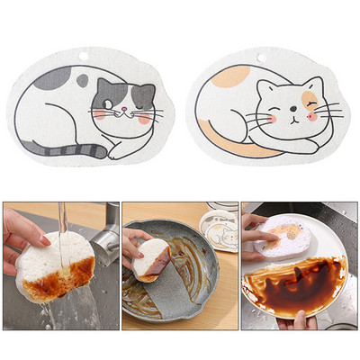 Kawaii Wood Pulp Sponge Pads Cat Shape Kitchen Dishes Pots Dinnerware Scrubber Household Cleaning Tool