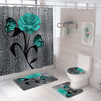 Червена роза и пеперуда Комплект противоплъзгащи се подложки за баня Издръжлив водоустойчив комплект завеси за душ Поставка Килим Капак Покривало за тоалетна Подложка за баня Килими