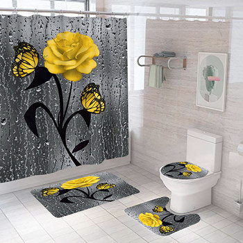 Червена роза и пеперуда Комплект противоплъзгащи се подложки за баня Издръжлив водоустойчив комплект завеси за душ Поставка Килим Капак Покривало за тоалетна Подложка за баня Килими