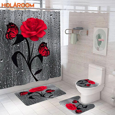 Set de covoraș anti-alunecare pentru baie, trandafir roșu și fluture, set de perdele de duș rezistente la apă, covor cu piedestal, capac pentru toaletă