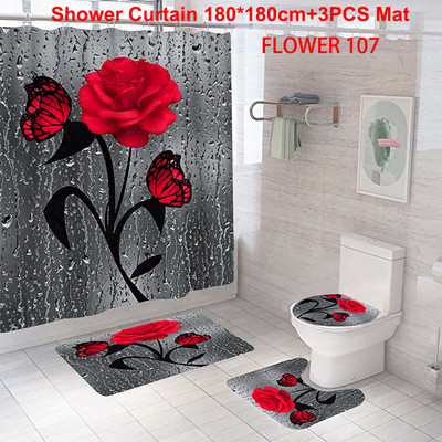 Red Rose&Butterfly vannas istabas pretslīdēšanas paklājiņu komplekts Izturīgs ūdensnecaurlaidīgs dušas aizkaru komplekts pjedestāla paklāja vāks tualetes pārvalks vannas paklāja paklāji