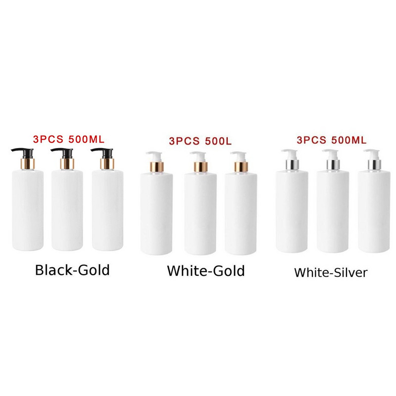 3 db 500 ml-es üres újratölthető flakonok PET sampon lotion tusfürdő pumpás flakon adagolók utazási tartály fürdőszobai tároláshoz