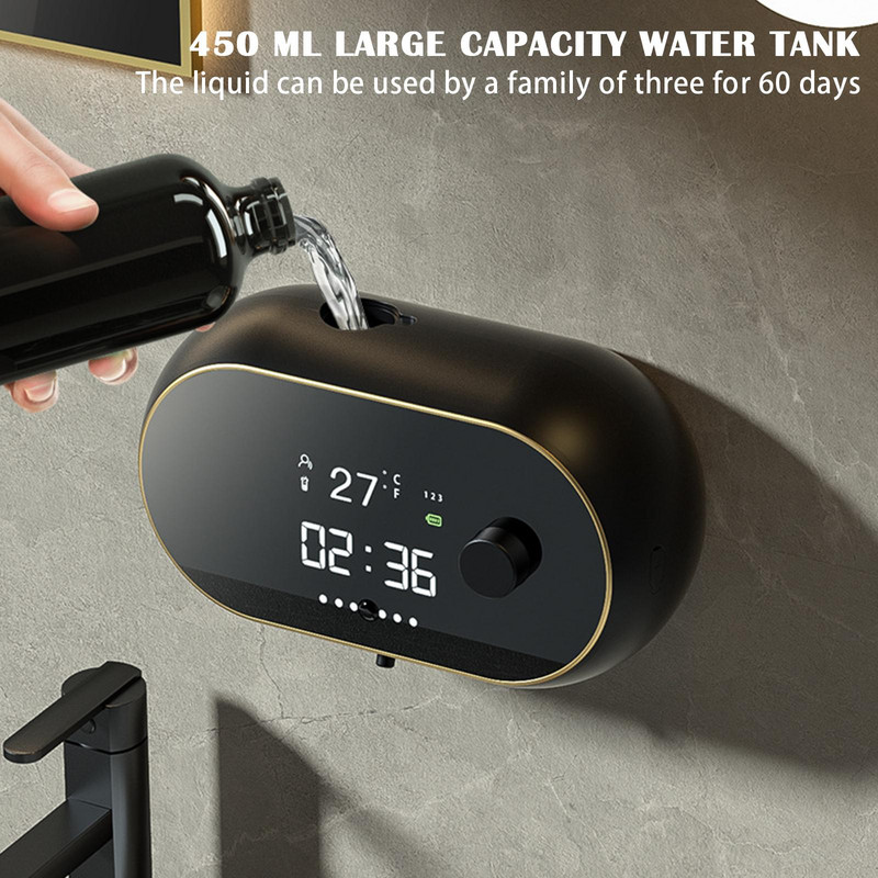 Sienas automātiskais putu ziepju dozators LED temperatūras displejs USB uzlādējams bezkontakta IR sensors šķidro putu mašīna