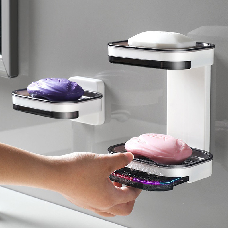 Ziepju kārba ar perforētu piesūcekni Pie sienas montējams viena un divslāņu drenāžas ziepju dozators mājsaimniecības tualetes vannas istabas ziepju plaukts