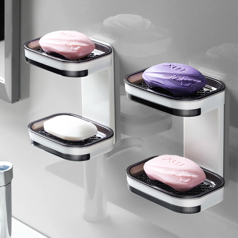 Ziepju kārba ar perforētu piesūcekni Pie sienas montējams viena un divslāņu drenāžas ziepju dozators mājsaimniecības tualetes vannas istabas ziepju plaukts