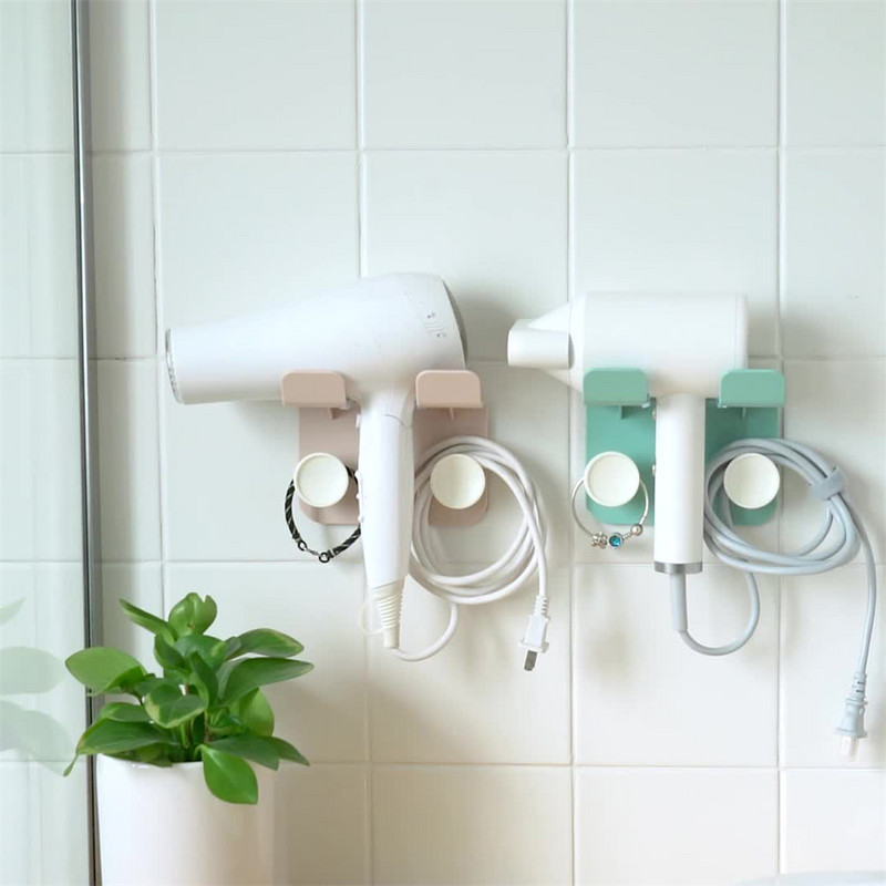 Pie sienas stiprināms matu žāvētāja statīvs pašlīmējošs salona instrumentu taisnotāja turētājs, plastmasas dzīvojamās istabas uzglabāšanas plaukta organizators