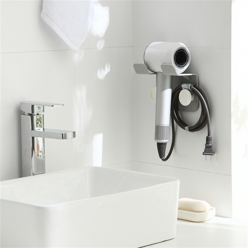 Pie sienas stiprināms matu žāvētāja statīvs pašlīmējošs salona instrumentu taisnotāja turētājs, plastmasas dzīvojamās istabas uzglabāšanas plaukta organizators