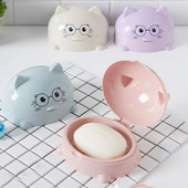 Κιβώτιο σαπουνιού Cartoon Cat Αντιολισθητικό Δοχείο σαπουνιού μπάνιου Επιτοίχια σχάρα αποστράγγισης Κουτί θήκης σαπουνιού