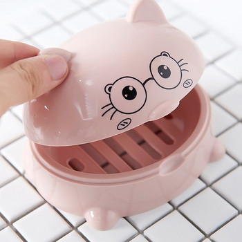 Кутия за сапун с отцеждаща се анимационна котка Контейнер Нехлъзгаща се тава за сапун за баня Монтиран на стена дренажен багажник Кутия за съхранение на сапун
