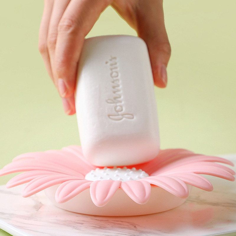 Ziedu formas ziepju trauks ar noteci, pretslīdes izciļņiem, plastmasas ziepju sūkļa trauku turētājs vannas istabas izlietnei, ziepju trauks