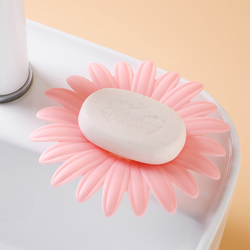 Ziedu formas ziepju trauks ar noteci, pretslīdes izciļņiem, plastmasas ziepju sūkļa trauku turētājs vannas istabas izlietnei, ziepju trauks