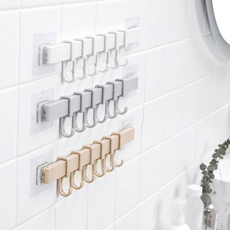 Ērts sienas piekarināms plastmasas pakaramais, stiprs, lipīgs pie sienas, pašlīmējošs 6 āķu plastmasas tualetes plaukts