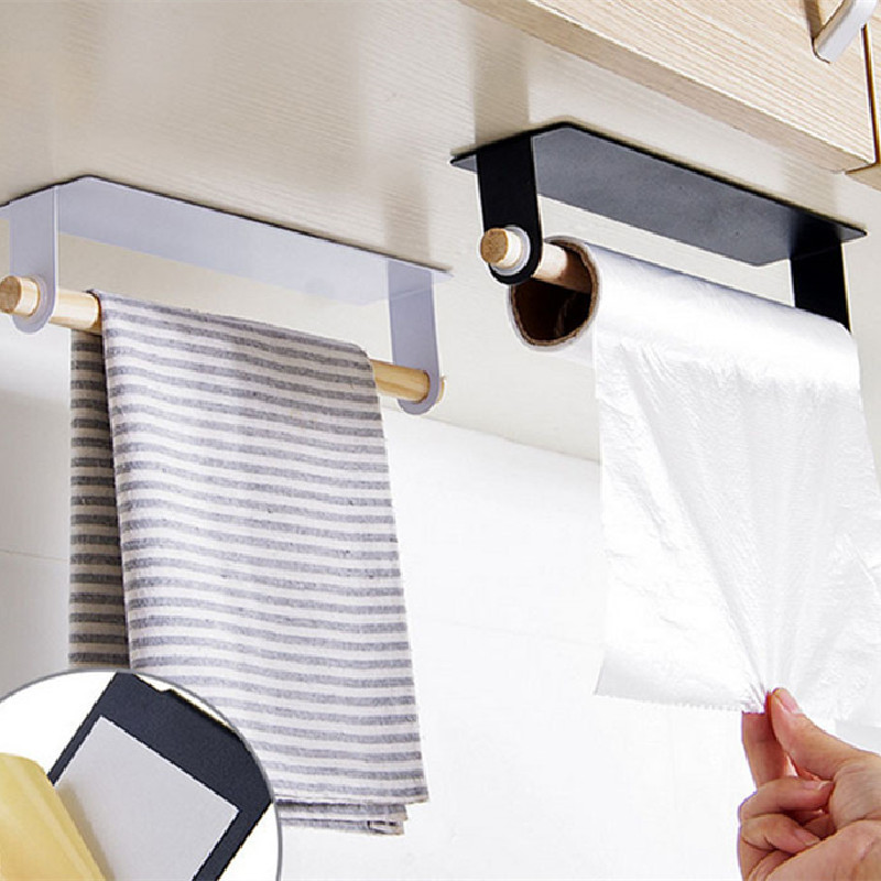 Metāla sienas piekares Turētājs koka dvielis Plaukts tualetes papīra organizators lupata Turētājs plastmasas iesaiņojuma plēve Uzglabāšanas plaukti virtuves aksesuārs