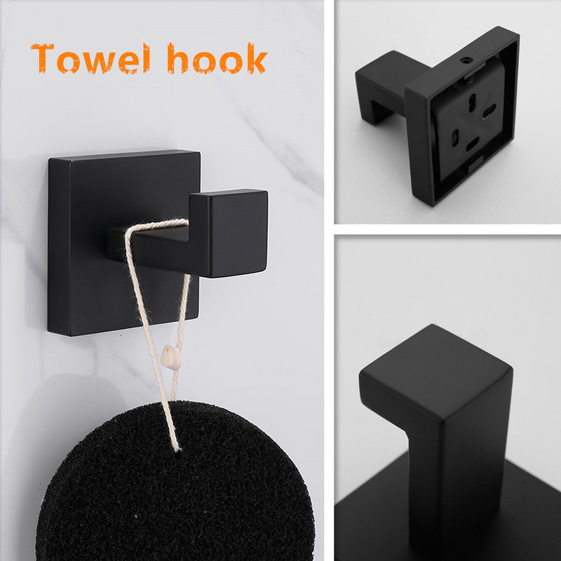 Μαύρα αξεσουάρ μπάνιου εξαρτήματα επιτοίχιας τοποθέτησης SUS 304 από ανοξείδωτο ατσάλι Γάντζος ρούχων Βάση χαρτιού τουαλέτας Εγκαταστάσεις κουζίνας