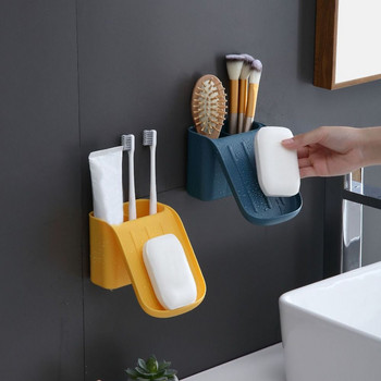 Creative 2в1 монтиран на стена държач за сапун Дренажна кутия за сапун Органайзер за баня Поставка за съхранение Четка за зъби Гребен Контейнер Рафт