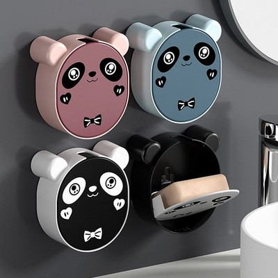 Кутия за сапун, монтирана на стена, карикатура, панда, кутия за сапун с отварящ се капак, чиния за сапун с перфоратор за оттичане Безплатен държач за сапун Поставка за съхранение в банята