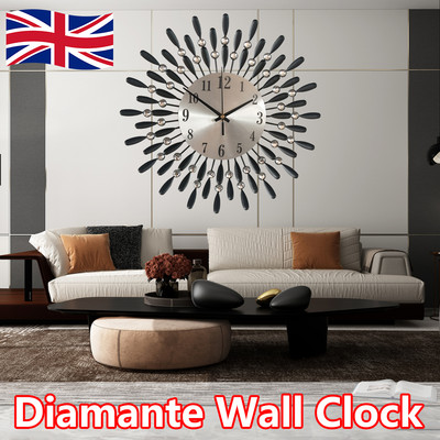 Винтидж метален кръгъл луксозен диамантен часовник 3D голям кристален стенен часовник Обединеното кралство Всекидневна Спалня Безшумна декорация без тиктакане