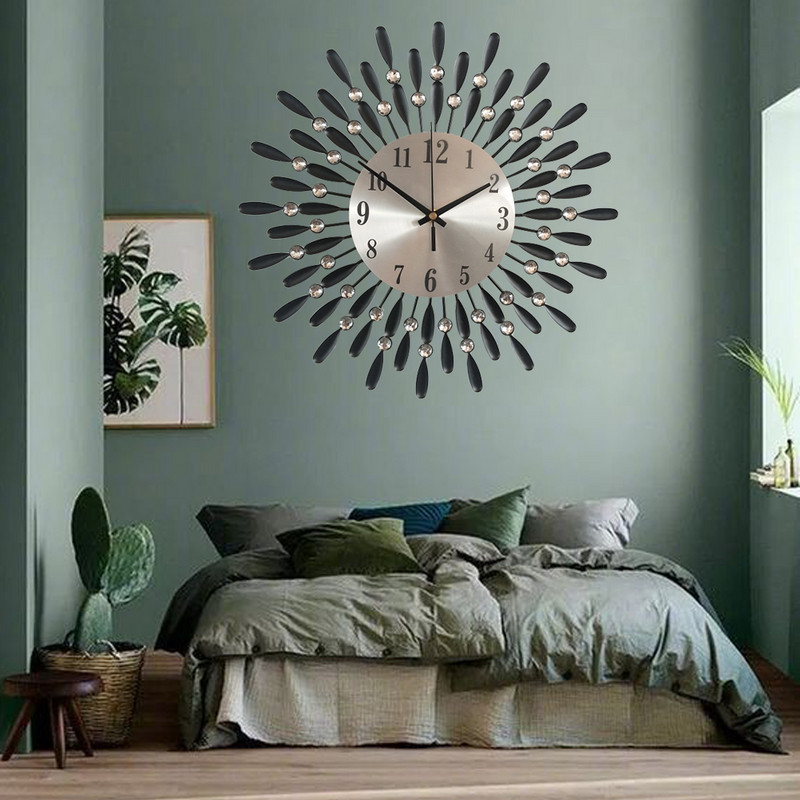 Vintage fém kerek luxus gyémánt óra 3D nagy kristály falióra UK Nappali Hálószoba Csendes, Nem ketyegő dekoráció