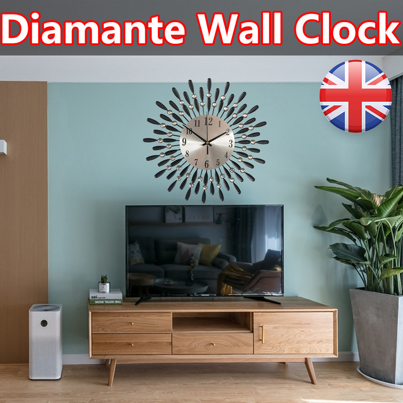 Vintage fém kerek luxus gyémánt óra 3D nagy kristály falióra UK Nappali Hálószoba Csendes, Nem ketyegő dekoráció