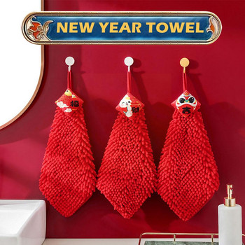 Червена шенилна кърпа за ръце Китайски стил Бързосъхнеща абсорбираща анимационна кърпичка за носна кърпа за домашна баня Висящи кърпи E5E0